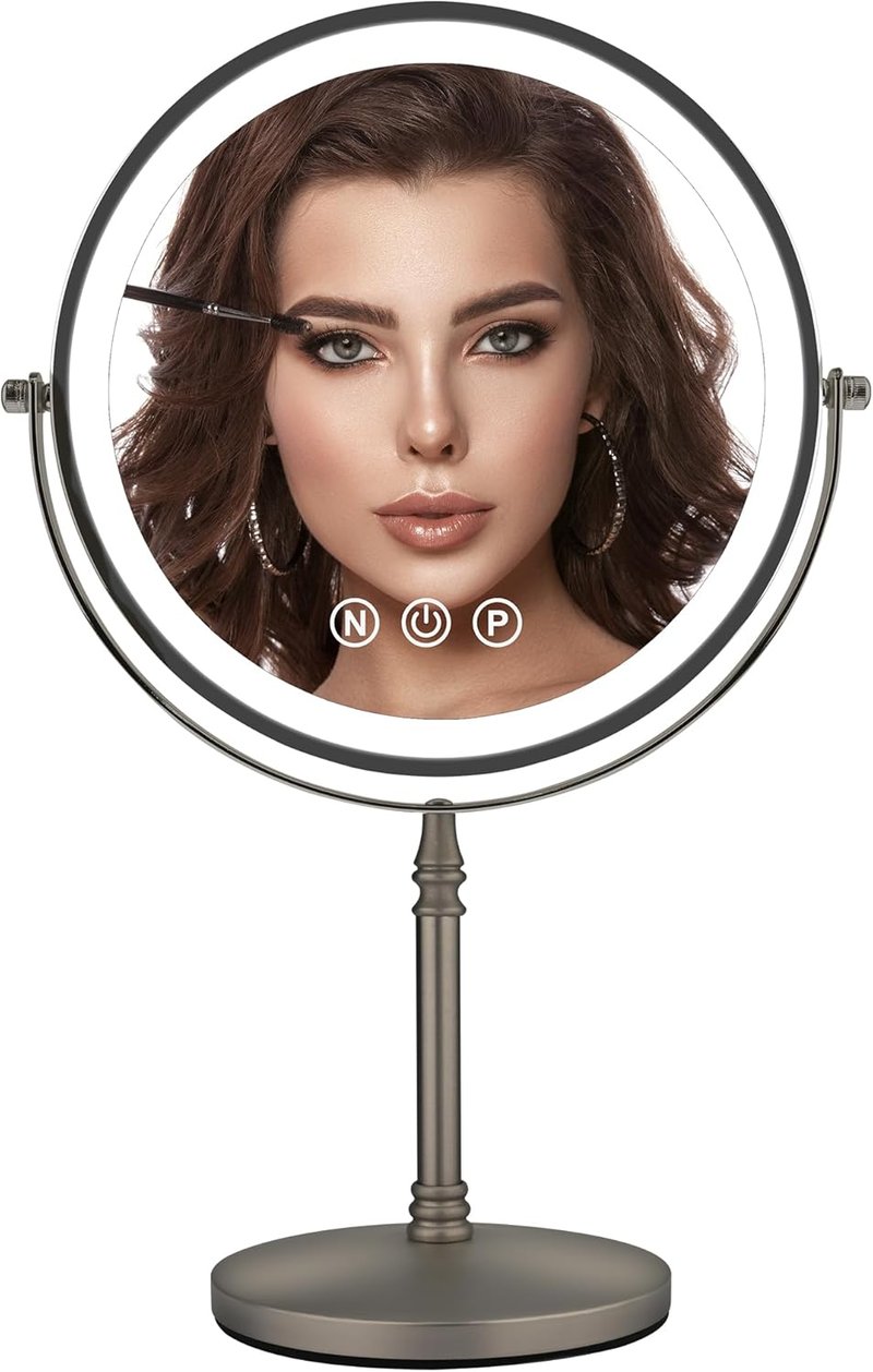Lighted Makeup Mirror - 9" Double-Sided 1X/10X Magnification | Rechargeable with Adjustable Brightness & 80 LED Lights - Grey
