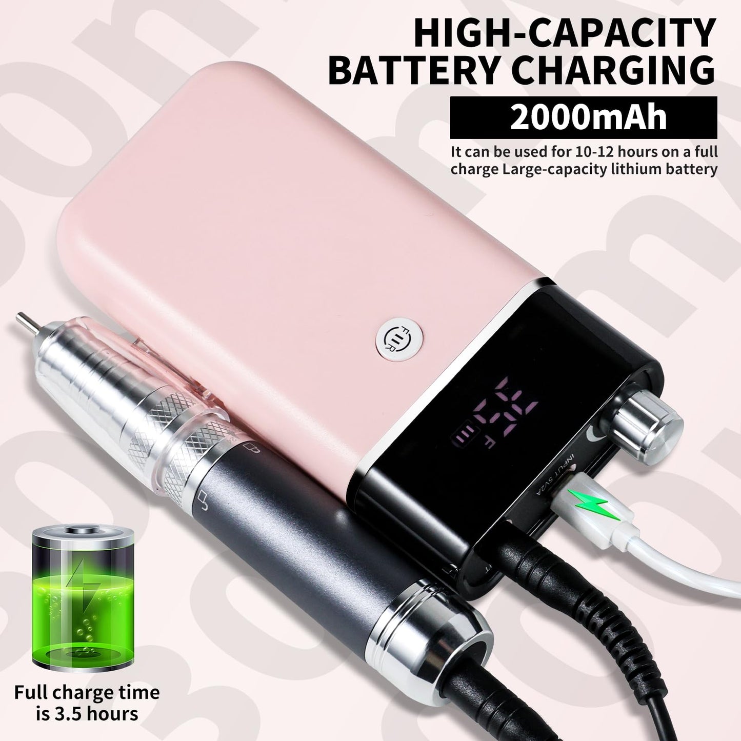 Moskany Professional Electric Nail Drill Kit Pink Portable Rechargeable Cordless Nail File Machine 35000 RPM with 7PCS Bits for Acrylic Gel Powder Nails Polish Pedicure Toenail Tool Salon Set