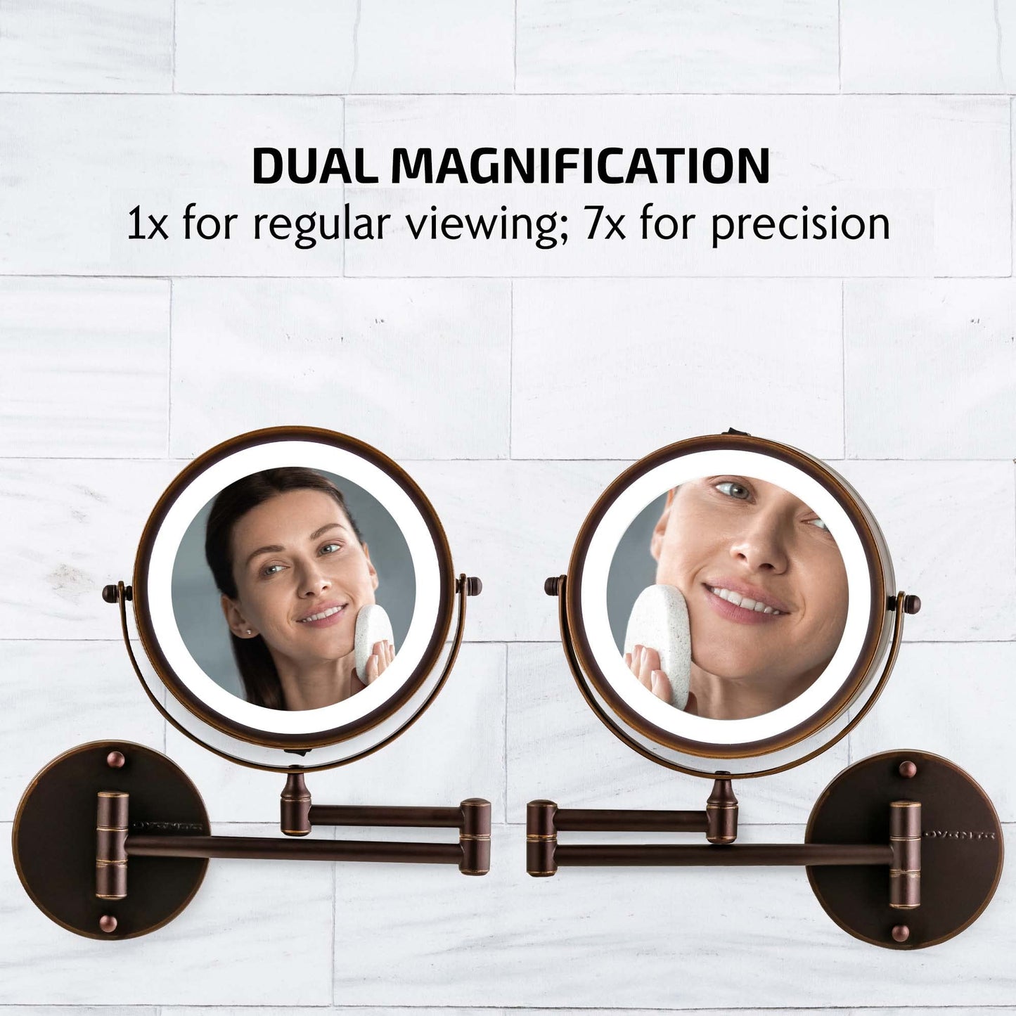 OVENTE Wall Mounted Lighted Makeup Mirror, 7" Double Sided 1X/7X Magnifying Vanity Mirror for Bathroom with LED Lights, Cordless, 360° Rotation and 13" Extendable Arm, Antique Bronze MFW70ABZ1X7X