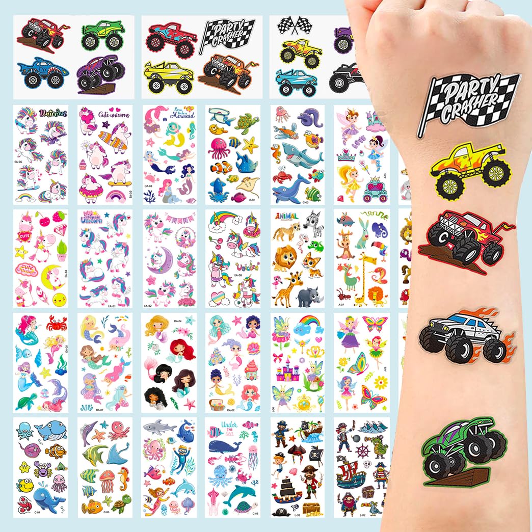 Fake Tattoos for Kids, 500+ Mixed Styles Temporary Tattoos Stickers for Girls and Boys, Monster Truck Unicorn Mermaid Marine Animals Flower Fairy Pirate Tattoos for Kids Birthday Party Supplies