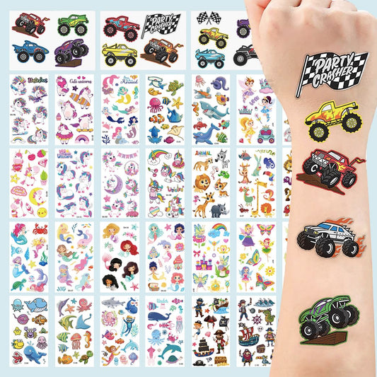 Fake Tattoos for Kids, 500+ Mixed Styles Temporary Tattoos Stickers for Girls and Boys, Monster Truck Unicorn Mermaid Marine Animals Flower Fairy Pirate Tattoos for Kids Birthday Party Supplies