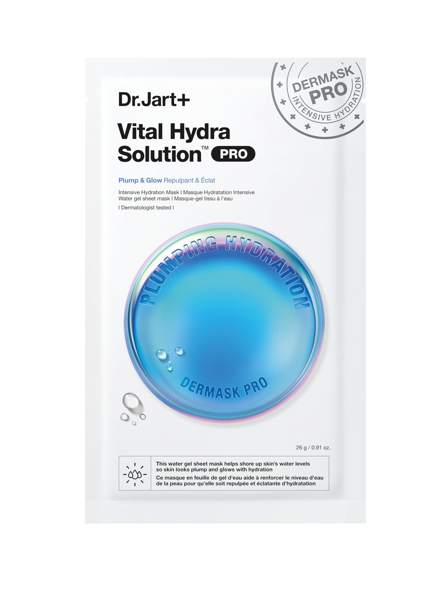Dr.Jart+ Dermask Vital Hydra Solution Glow Korean Face Mask with Hyaluronic Acid for Glass Skin | Sheet Mask | Korean Skin Care | Travel Size, 1 Pack