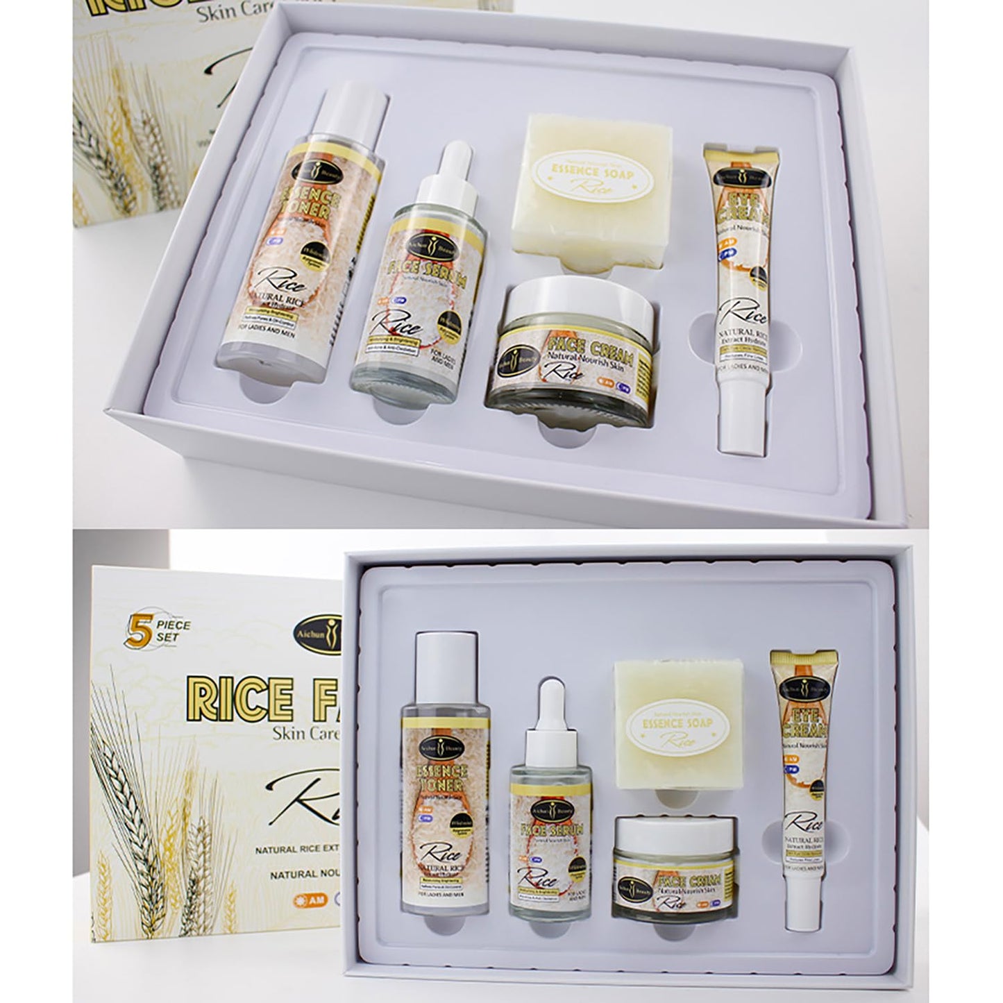 Organic Rice Facial Skin Care Set - Hydrating Essence, Soap, Toner, Serum & Eye Cream | 5-Piece Gift Box (100g, 100ml, 40ml, 50ml, 25ml)