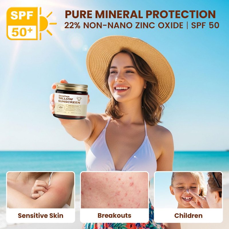 Beef Tallow Sunscreen (2 pack): SPF 50 Daily Sun Care for Extremely Sensitive, Acne-Prone & Kid-Safe Skin – Non-Toxic Sunblock with 22% Non-Nano Zinc Oxide, Clean Formula for Face & Body