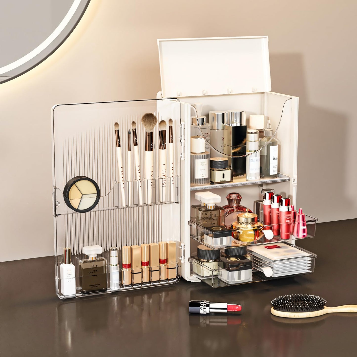 MORNITE Makeup Organizer with Drawers for Vanity & Bathroom, Cosmetic Storage Cabinet for Skincare, Beauty, Brushes, Perfume. Large Countertop Display Case with Cover Lid, Cream White