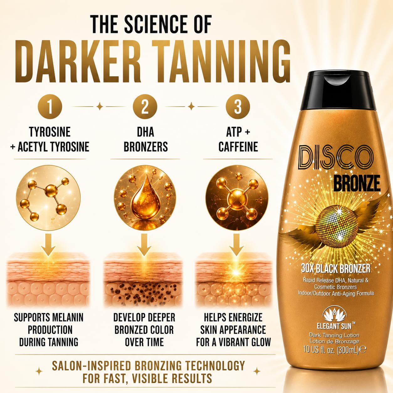 Disco Bronze 30X Black Bronzer Tanning Lotion - Indoor & Outdoor UV Tan Accelerator with DHA, Natural & Cosmetic Bronzers, Proprietary Melanin Boosting Formula, Made in USA for Men & Women – 10 oz