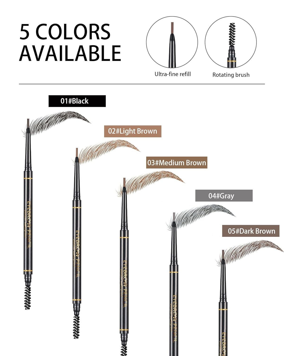 Dark Brown Eyebrow Pencils - 12 Ultra Slim Micro-Fine Tip Set with 2 Brow Razors & Spiral Brush | Long-Lasting Makeup