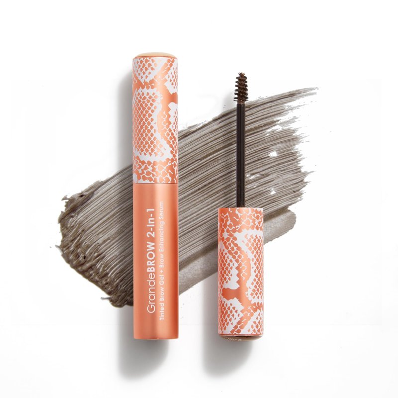 Grande Cosmetics GrandeBROW 2-in-1 Tinted Brow Gel + Brow Enhancing Serum for Thicker & Darker-Looking Eyebrows, Shape & Fill Brows, with Castor Oil & Mini Fibers - Taupe, Travel Size (0.07 fl oz)
