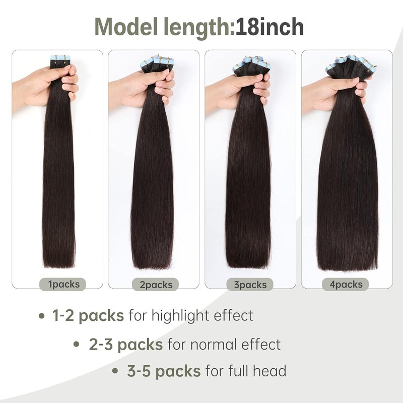 Tape In Hair Extensions - 100% Real Human Hair, Straight Dark Brown - 20 Inch, 50g, Seamless Weft for Women