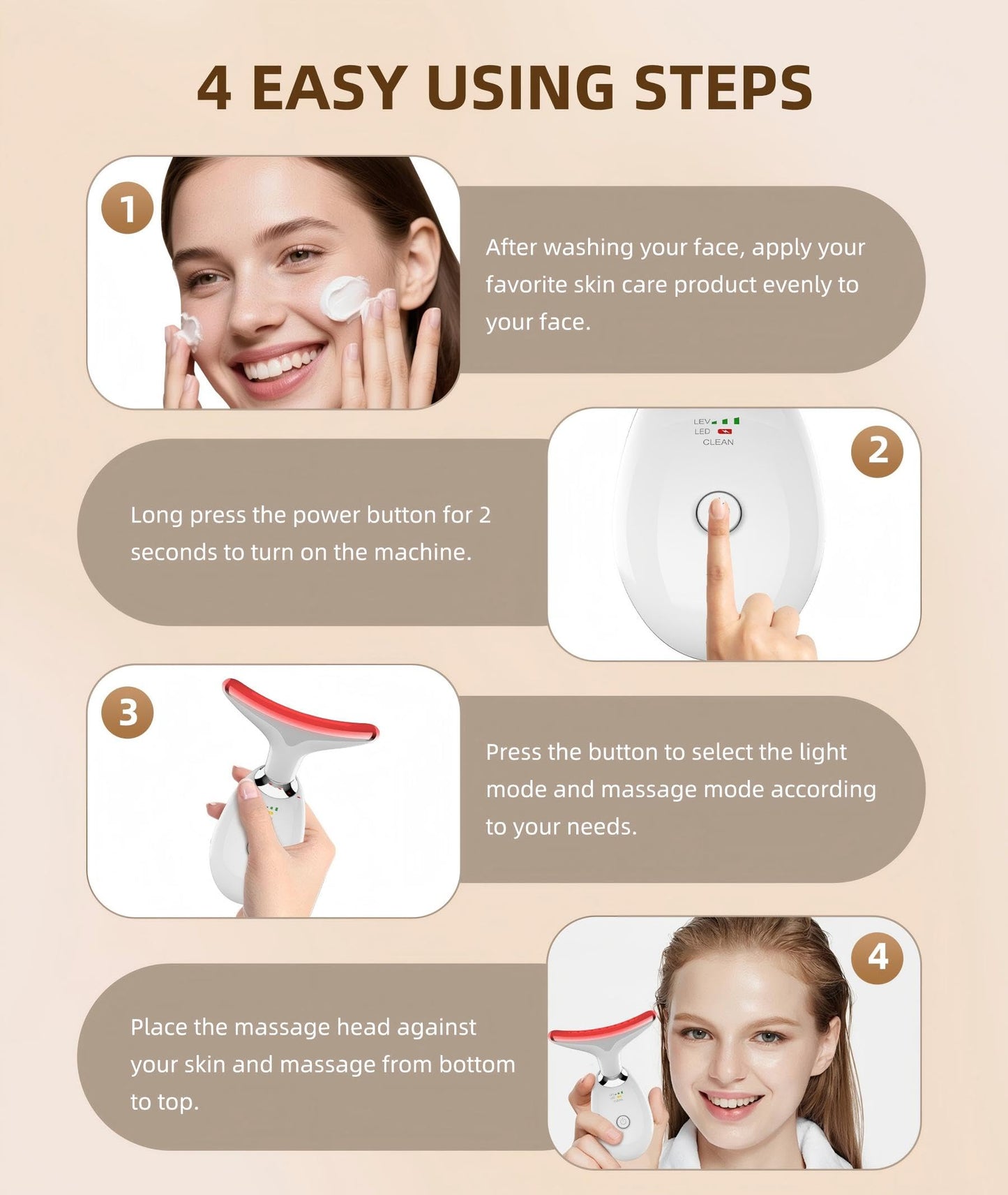 Jobazok 7 Color Face and Neck Massager Light Therapy, Red Light Based Facial Massager for Skin Care, Smoothing, Firming (White)