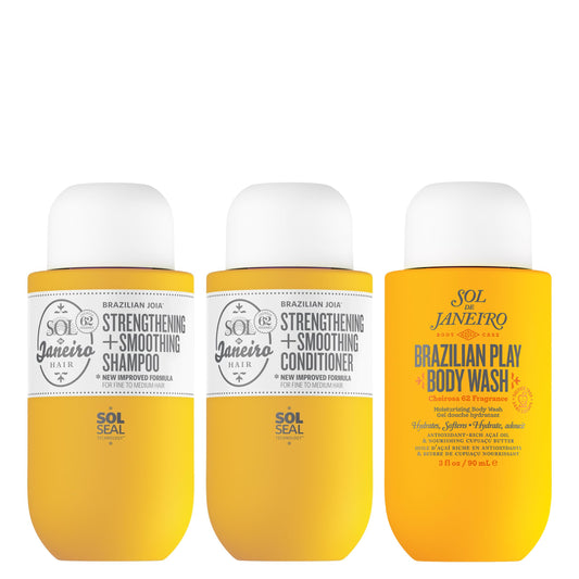 Sol de Janeiro Ultimate Shower Bundle | Travel Size Mini Brazilian Play Moisturizing Shower Cream Gel Body Wash + Brazilian Joia Damage Repairing Shampoo and Conditioner Set