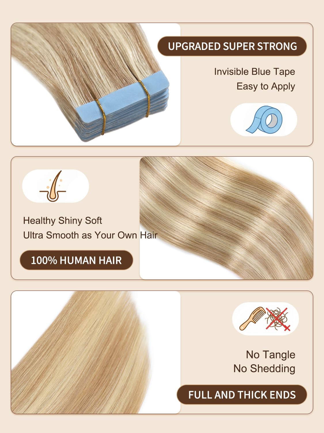YILITE Tape in Remy Hair Extension Color 18 Ash Blonde Highlighted 613 Bleach Blonde Hair Extensions Tape ins 14 Inch Skin Weft Tape in Hair Extensions 40g 20PCS (14inch P18/613）
