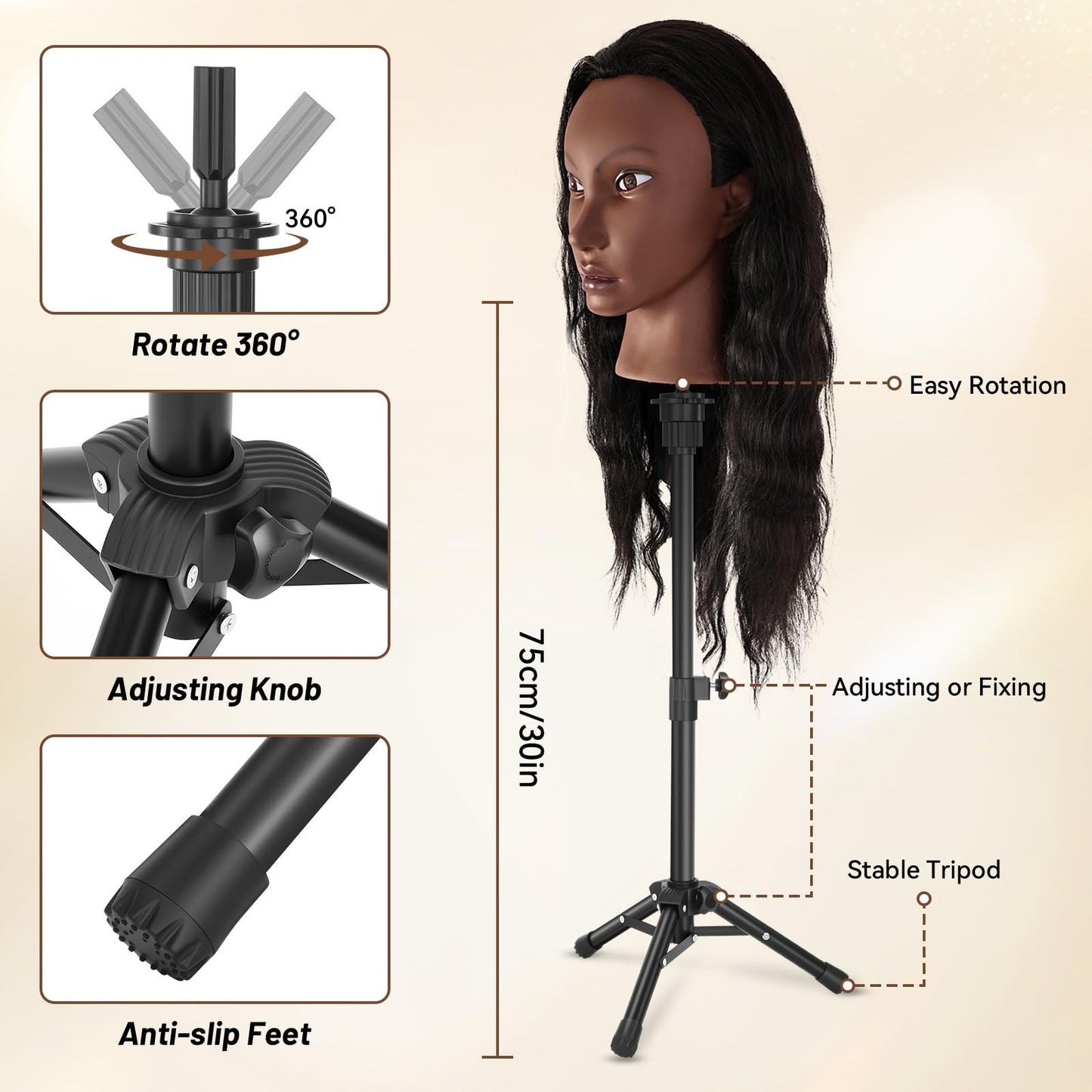 Yekavo 20" Afro Mannequin Head Human Hair with Tripod Stand, 90% Real Hair Cosmetology Black Manikin Doll Head for Hairdresser Practice Braiding with Stand Set