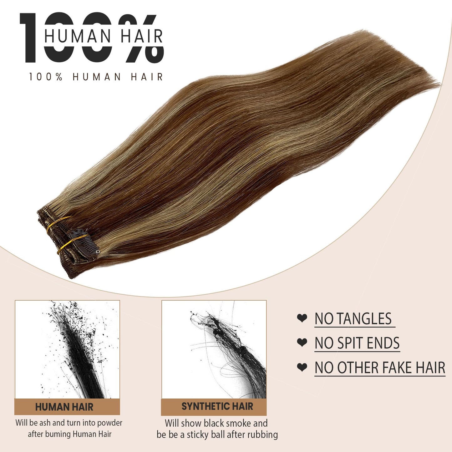 Clip in Hair Extensions Real Human Hair 16 inch Ombre Brown Mixed Honey Blonde Highlight Long Seamless Clip in Hair Extensions for Women Clip in 70G