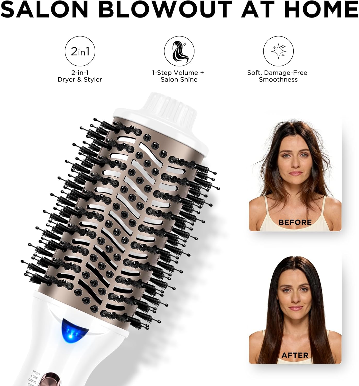 Aima Beauty Blow Dryer Brush - Ionic Ceramic Hot Air Brush for Frizz-Free Styling | 2.3" Oval Barrel, 3 Heat Settings, White