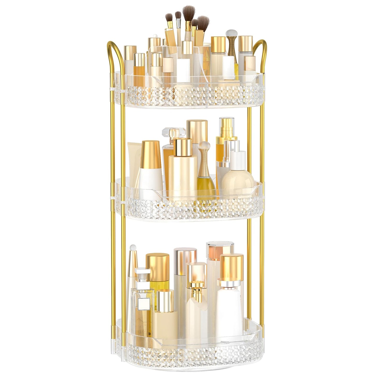 BOCONY Rotating Makeup Organizer for Vanity 3 Tier, Perfume Organizer with Makeup Brush Holder, Large Capacity Cosmetics Clear Skincare Organizer for Countertop (Transparent)