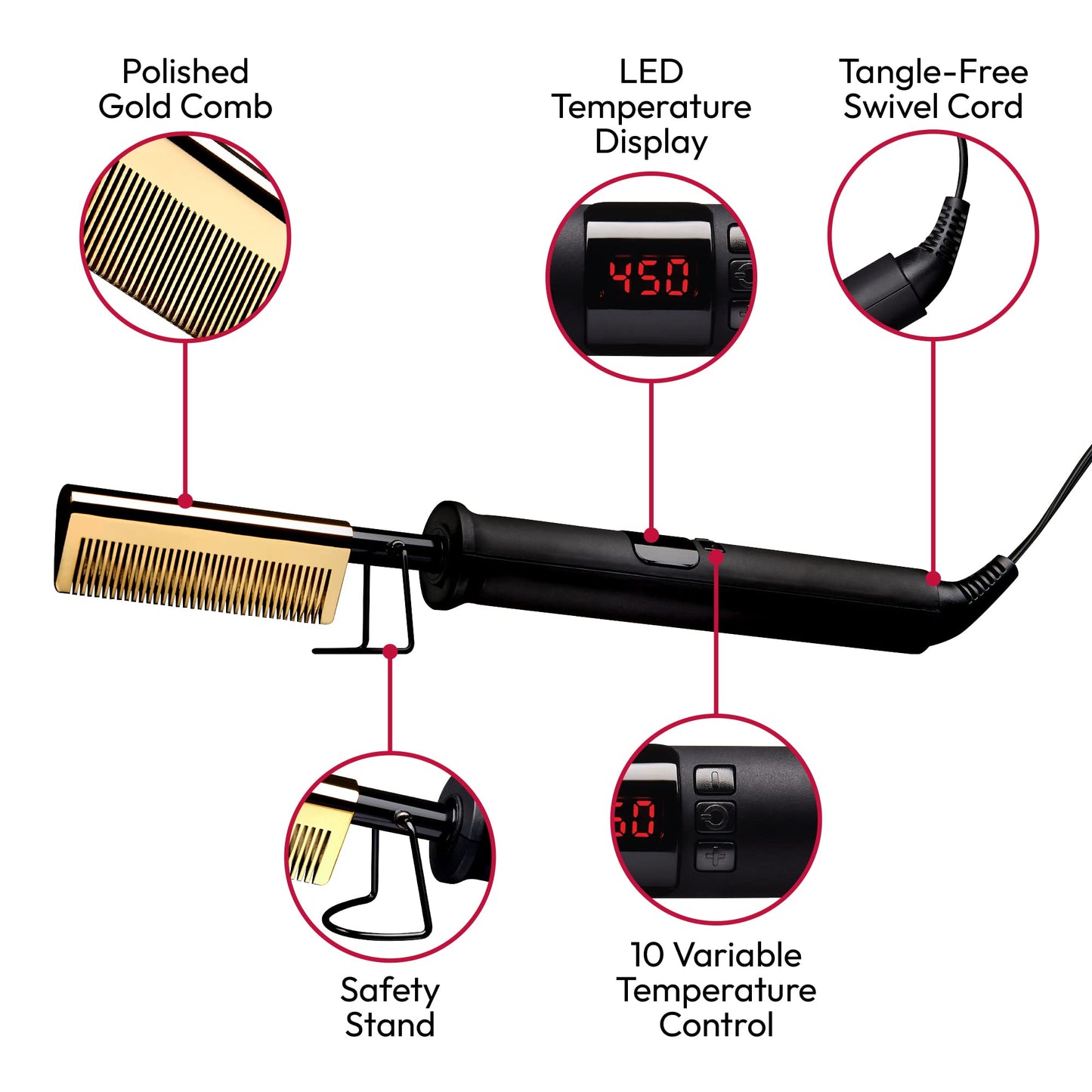 Red by Kiss Hot Comb Hair Straightener 450 Degrees, Straight Teeth Electric Heating Comb, Pressing Comb Brush for Straightening Hair and Beard, Curling Iron for Natural Black Hair