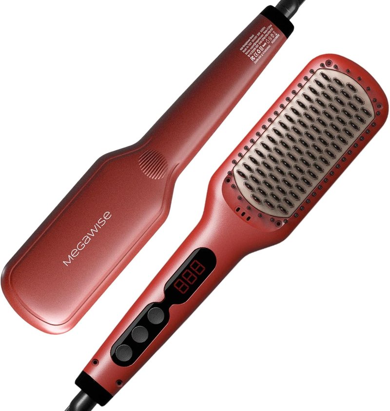 Ceramic Ionic Hair Straightener Brush - Fast 20s Heating, Auto-Off, Anti-Scald | Tomato Red