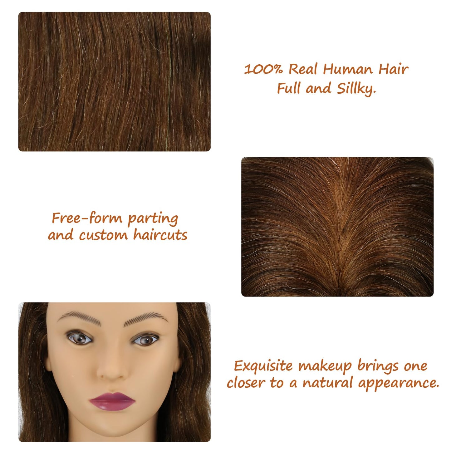 Mannequin Head Human Hair 14 Inch 100% Real Human Hair Hairdresser Practice Training Head Cosmetology Mannequin Head Can be Bleached And Dyed With Small Stand And Alligator Clip（14 Inch Dark Brown）