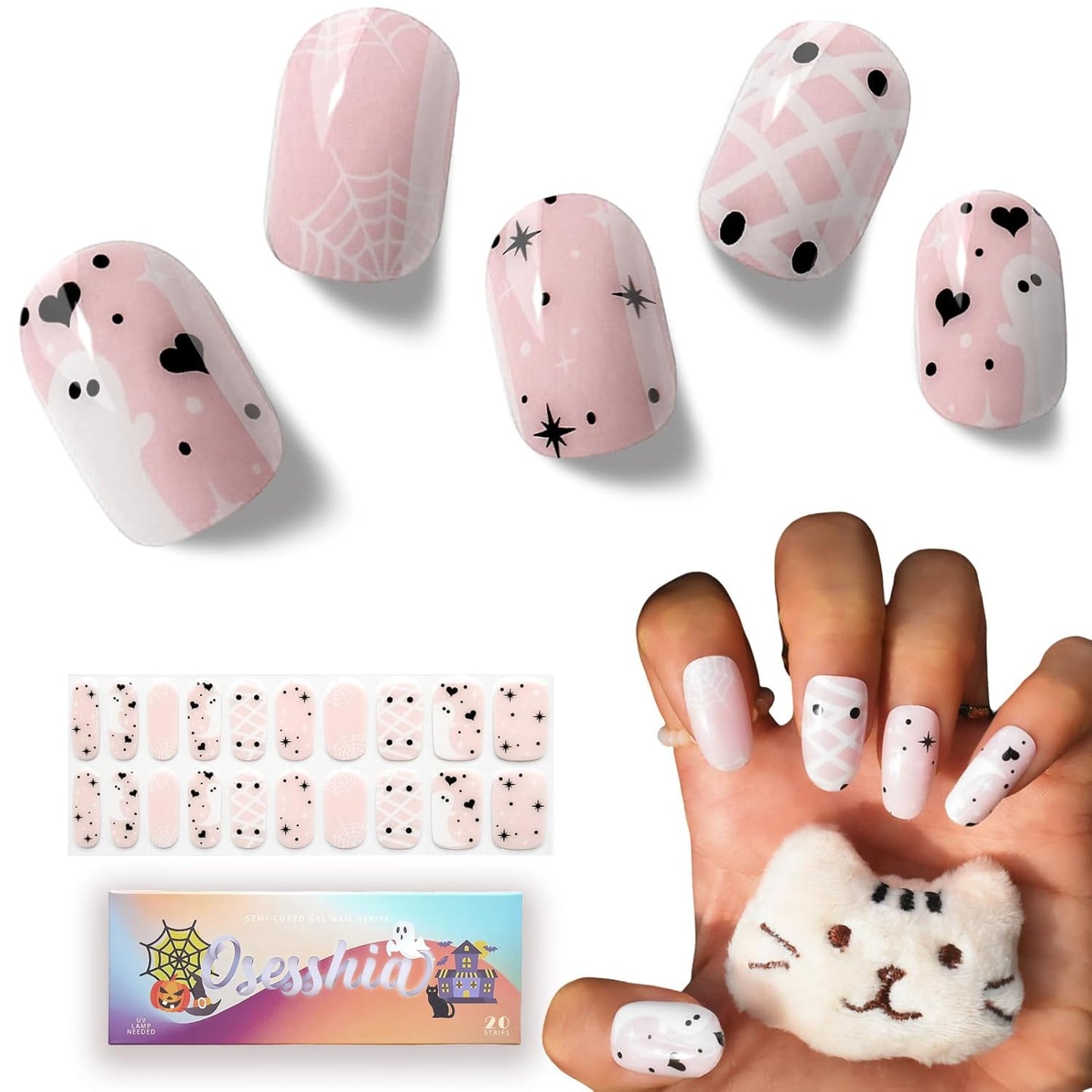 Semi Cured Gel Nail Strip Starter Kit - 60 Nail Stickers, UV Lamp & Tools for Salon Quality Christmas Nails