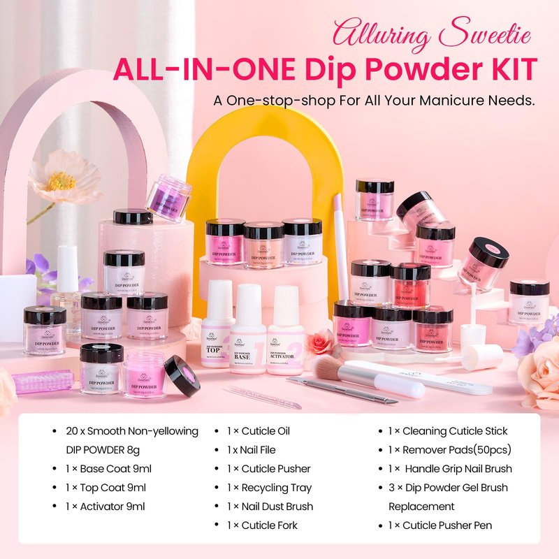 Beetles Dip Powder Nail Kit 36pcs 20 Colors Nude Hot Pink Red Glitter White Dip Nails Powder Starter Kit with Base Top Coat Activator Cuticle Oil Nail Set for Women Alluring Sweetie Collection