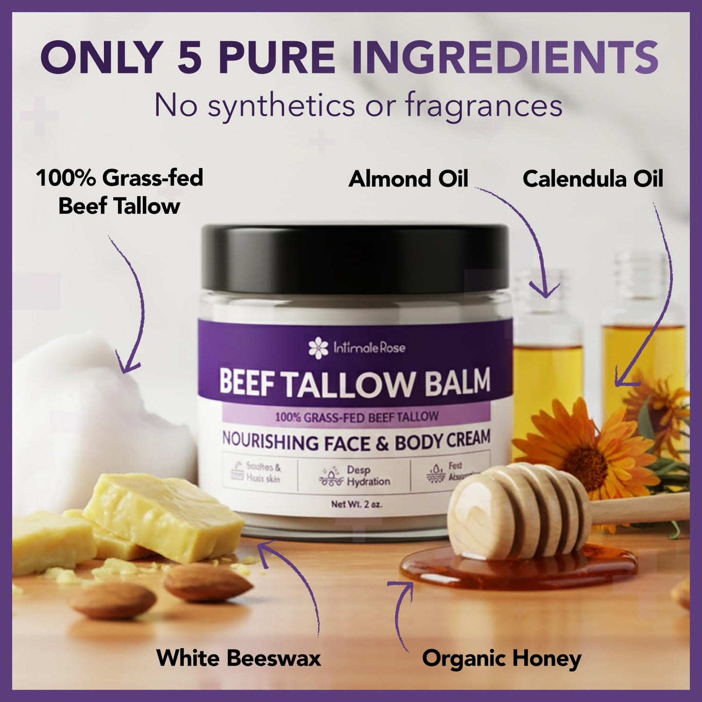 Whipped Tallow and Honey Balm for Face & Body - 100% Grass Fed Beef Tallow Balm Only 5-Ingredients No Scent with Organic Honey & Calendula - Natural Moisturizer for Dry Sensitive Skin - Unscented, 2oz