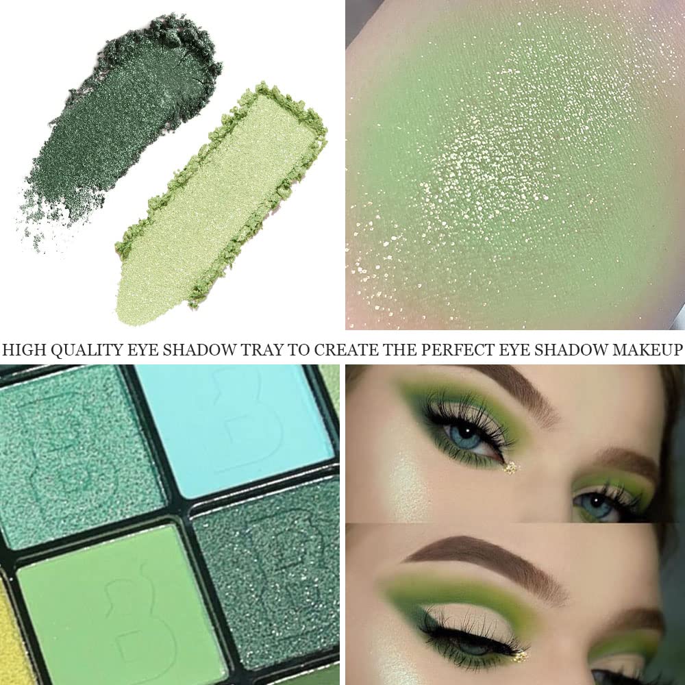 evpct 9 Colors Green Glitter Eyeshadow Palette, Light Dark Emerald Avocado Neon Green Glitter Metallic Shimmer Sparkly Eye Shadow Palette Makeup for Older Women Blue Eyes, Highly Pigmented Eyeshadow