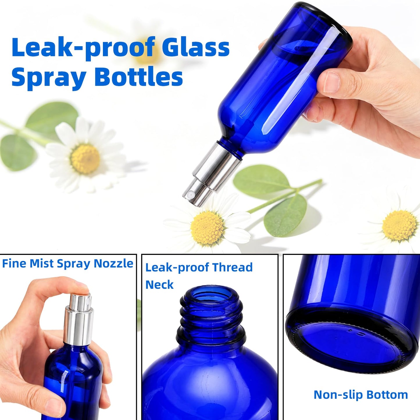 Foraineam 9 Pack 100ml / 3.4 oz. Blue Glass Spray Bottles with Atomizer Refillable Fine Mist Spray Bottle Containers for Perfume, Essential Oils, Cleaning Products