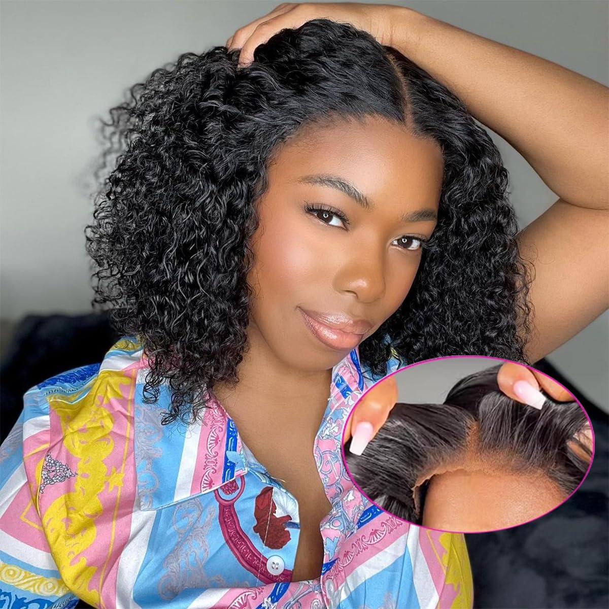 Tascal Wear and Go Glueless Short Curly Bob Wig 4x4 Lace Closure Wigs Human Hair Brazilian Human Hair Wigs for Women Wet and Wavy(14 Inch)