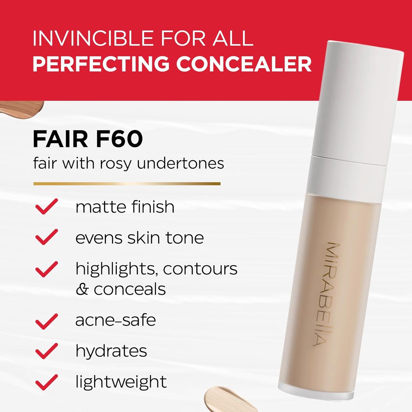 Mirabella Invincible Under Eye Concealer - Full Coverage Hydrating Formula for Dark Circles & Fine Lines | Fair F60