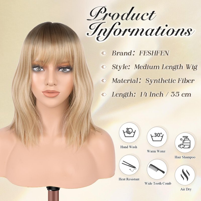 FESHFEN Shoulder Length Wigs with Bangs - Ombre Blonde Natural Looking Wavy Medium Length Synthetic Hair Bob Wig for Women Daily Party Use, 14 inch