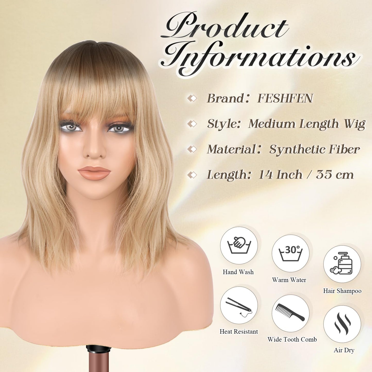 FESHFEN Shoulder Length Wigs with Bangs - Ombre Blonde Natural Looking Wavy Medium Length Synthetic Hair Bob Wig for Women Daily Party Use, 14 inch