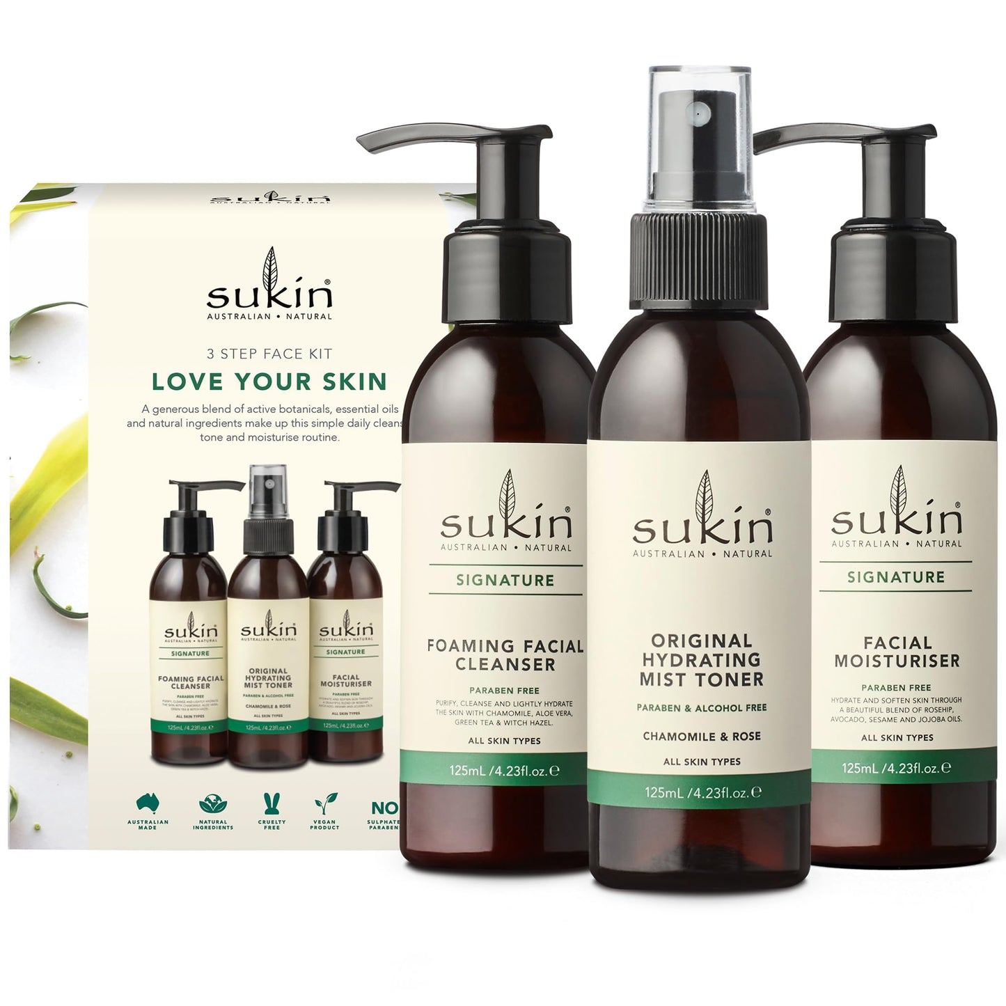 Sukin Signature Skin Care Gift Set – Foaming Facial Cleanser, Hydrating Rose Water Toner Mist + Facial Moisturizer, Self-Care Gifts, 4.23 Oz Ea