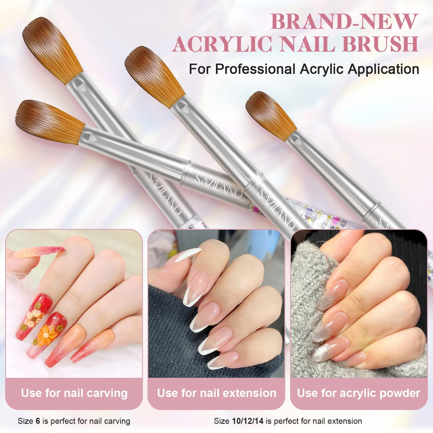 Saviland 4PCS Acrylic Nail Brush Set Size 6/10/12/14 and Practice Hand for Acrylic Nails