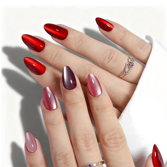 ELSAGIRL 160Pcs Cat Eye Press on Nails Short Almond, 5 Colors Red Pink Magnetic Fake Nails, Salon Quality Soft Gel Glue on Nails with 16 Sizes, Shimmer Velvet Full Cover False Nails Kit for Women