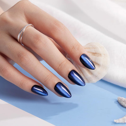 VSALON Press on Nails Short Almond - Blue Cat Eye Chrome Glue On Nails Kit for Women, Reusable Opaque Gel Stick on Nails For 4th of July with Glue & Cuticle Oil - 32 PCS Fake Nails in 16 Sizes
