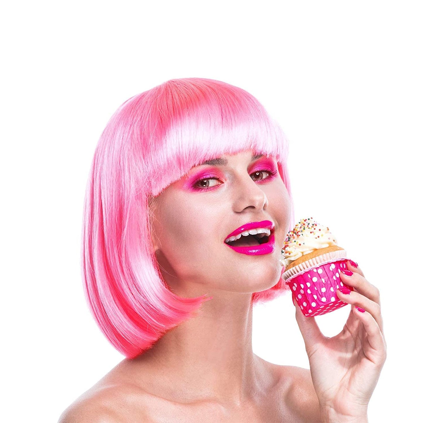 Short Bob Wigs with Bangs, 6 Pack Bob Wigs - Fruit Beach Series Set with Heart Shape Sunglasses, Hairpieces for Neon Halloween Costume, Bachelorette Party Decorations (Hot Pink)