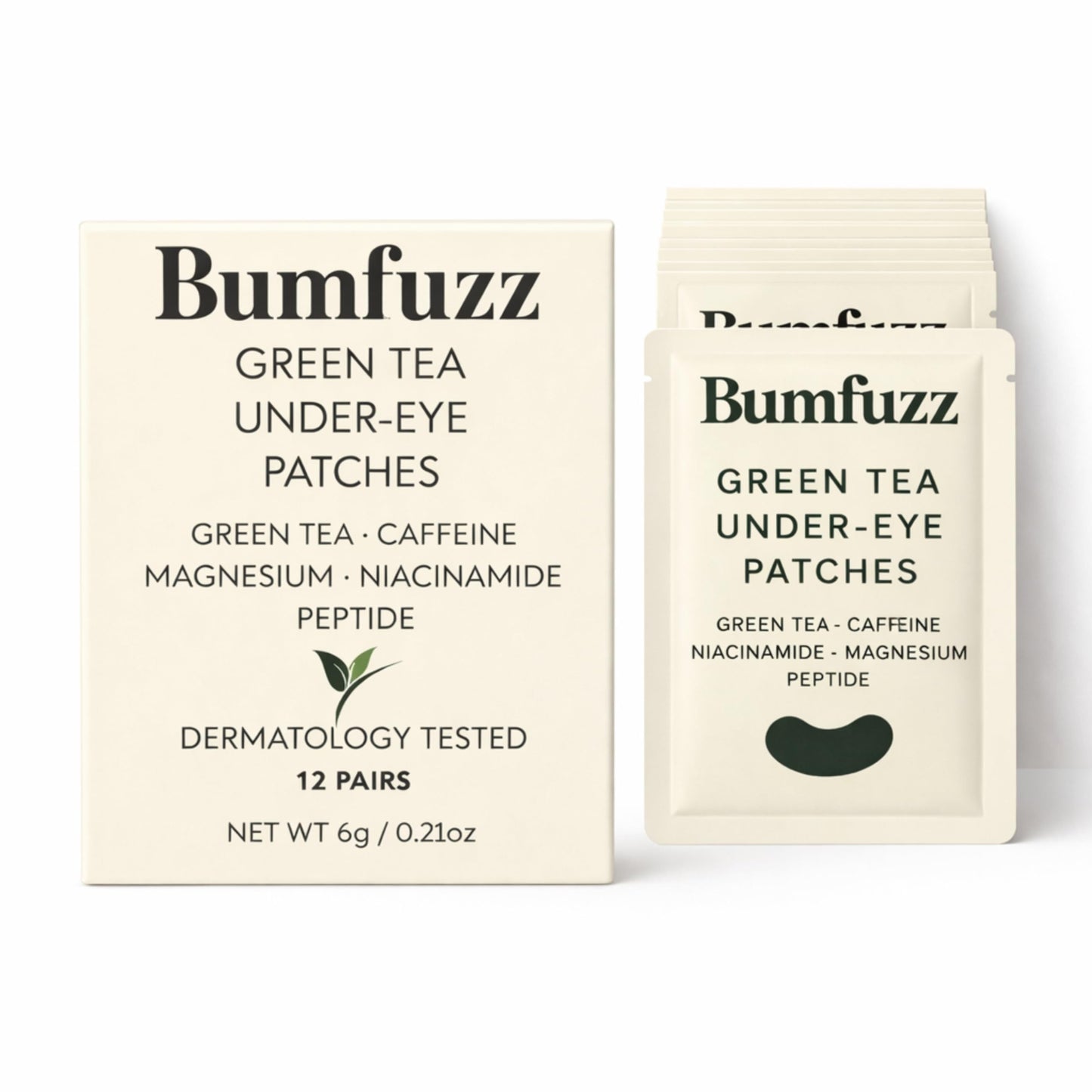Bumfuzz Green Tea Under-Eye Patches | Depuff & Brighten Eye Gel Patches for Dark Circles & Tired Eyes | Plant-Based, Vegan with Caffeine, Niacinamide, Magnesium & Vegetable Peptides