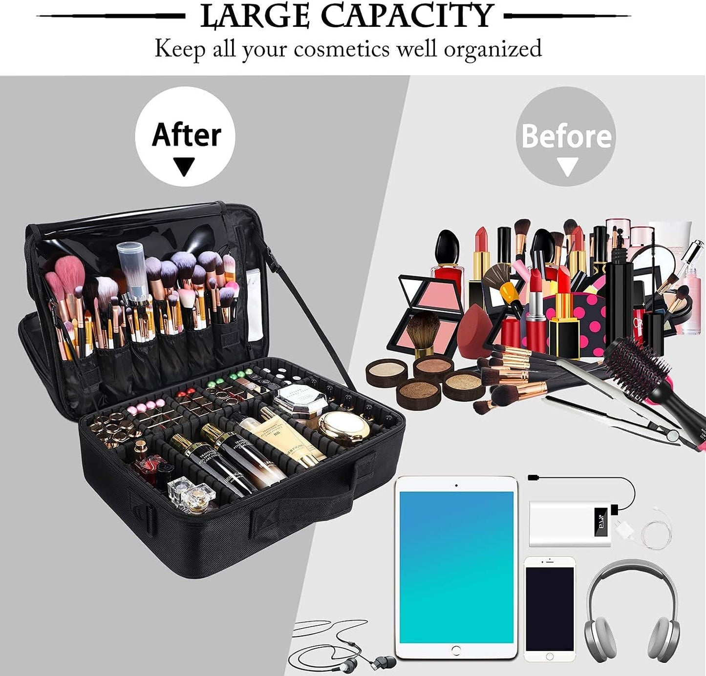 Travel Makeup Train Case - Large Capacity Cosmetic Bag Organizer for Women | Adjustable Dividers & Shoulder Strap - Black, Large