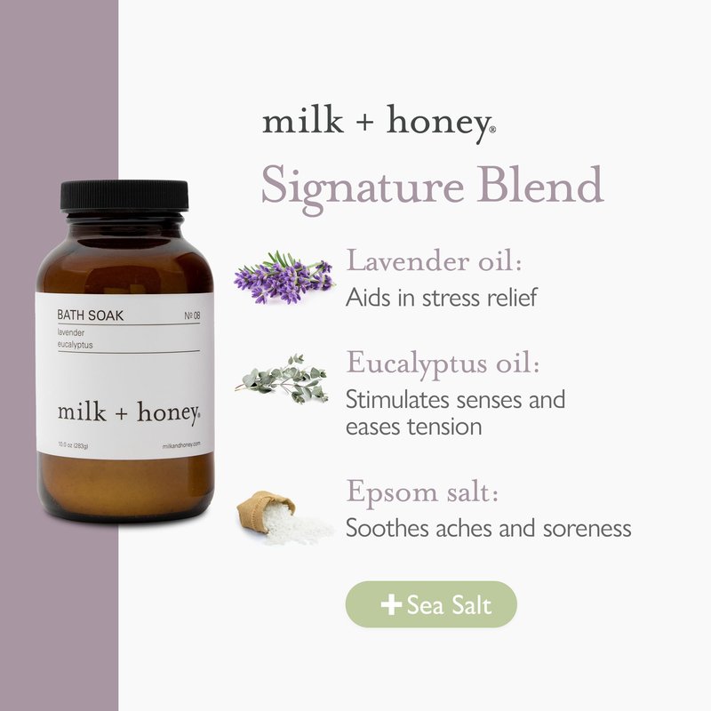 Milk + Honey Calming Bath Soak No. 8 – Moisturizing Epsom Salt with Lavender & Eucalyptus – Relaxing Aromatherapy Soak for Sore Muscles, Dry Skin & Stress Relief – 10 oz