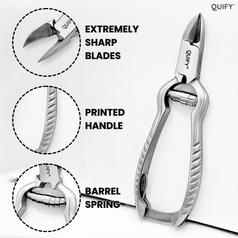 QUIFY Heavy Duty Podiatrist Toenail Clippers for Thick and Ingrown Nails, Stainless Steel Toe Nail Cutter, Pordiatry Ingrown Toenail Tools - Barell Spring - Curved Tip 5.25"