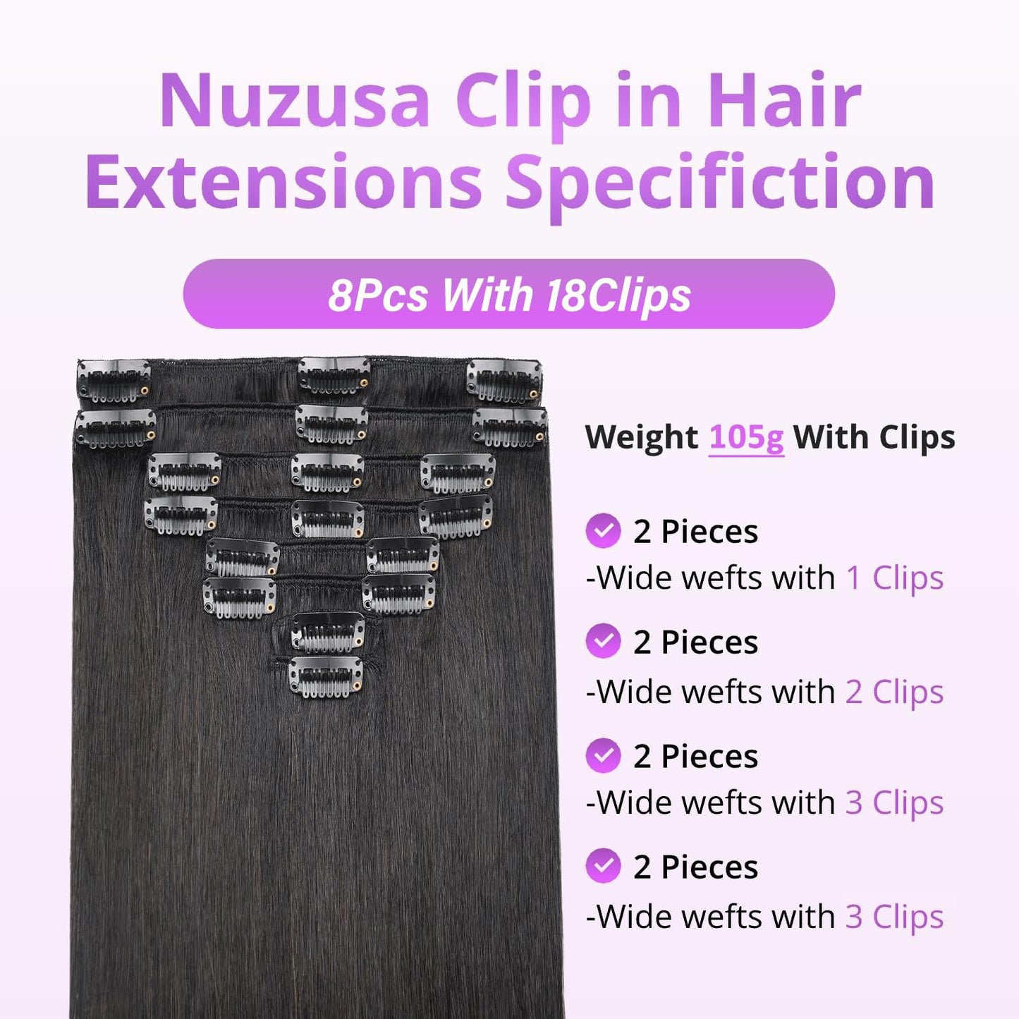Real Human Hair Extensions - 100% Brazilian Remy Clip-In 20 Inch, Natural Black, 8pcs Set with Double Weft