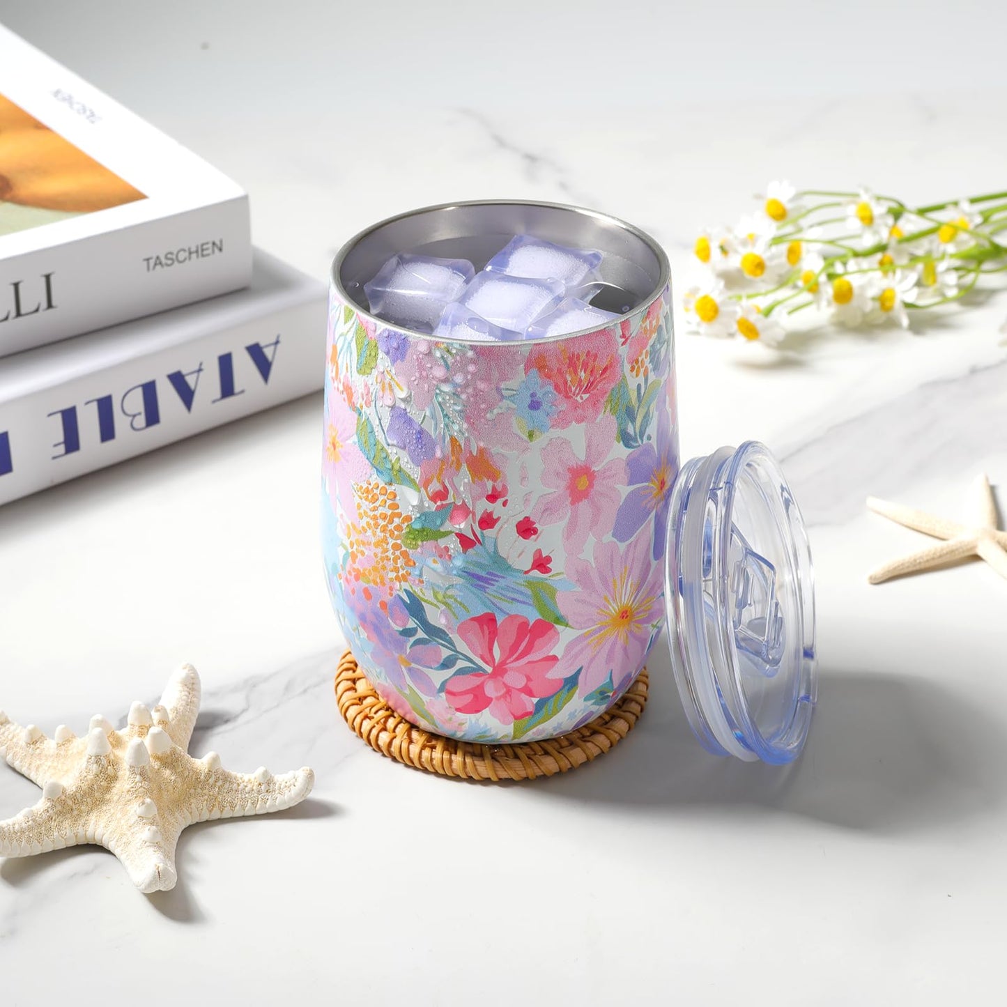 Darleneworld 12oz Vacuum Insulated Wine Tumbler, Stainless Steel Flower Cup with Lid, Womens Birthday Friendship Gifts for Friend Coworkers Teacher Sister Girlfriend Her, Mothers Day Gifts for Mom
