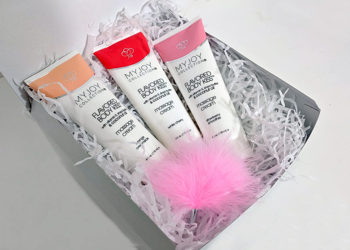 Flavored Body Kiss Edible Massage Cream for Sensual Massage, Strawberry, White Cherry and Orange with Nourishing Coconut Oil, Shea Butter PH Balanced Boxed for Gifting