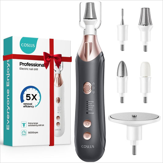 COSLUS C43 Professional Manicure Pedicure Kit, 5-in-1 Electric Nail File for Toenail Hand Feet, Basic & Thick Nails Care, Cordless, 5 Speeds, for Men Women Seniors Home Salon, Wider Grinder, Gray