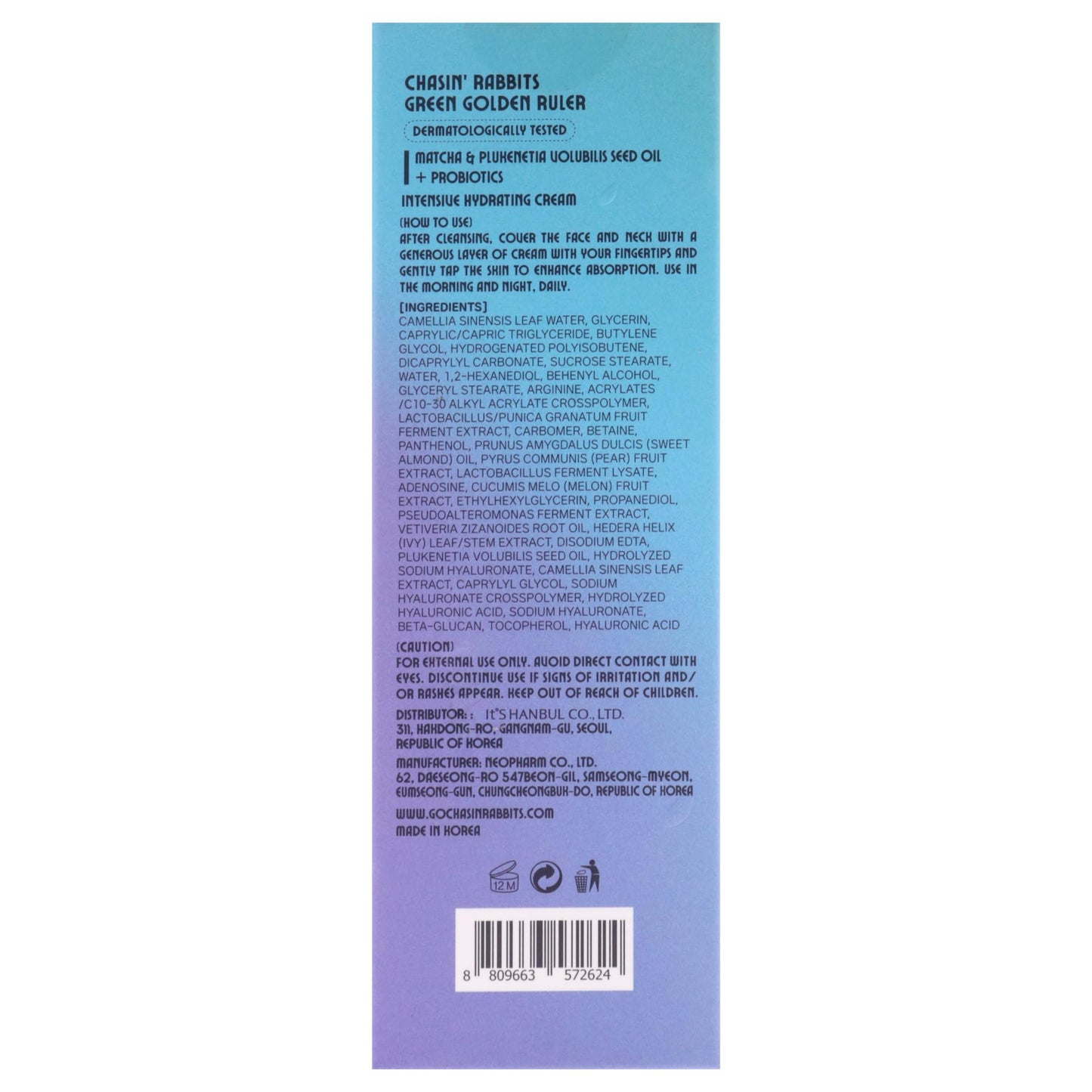 CHASIN' RABBITS Green Golden Ruler Cream | Vegan Intensive Moisturizing and Nourishing Face and Neck Moisturizer with Green Tea Extract and Probiotics | 75mL/2.53 fl. oz.