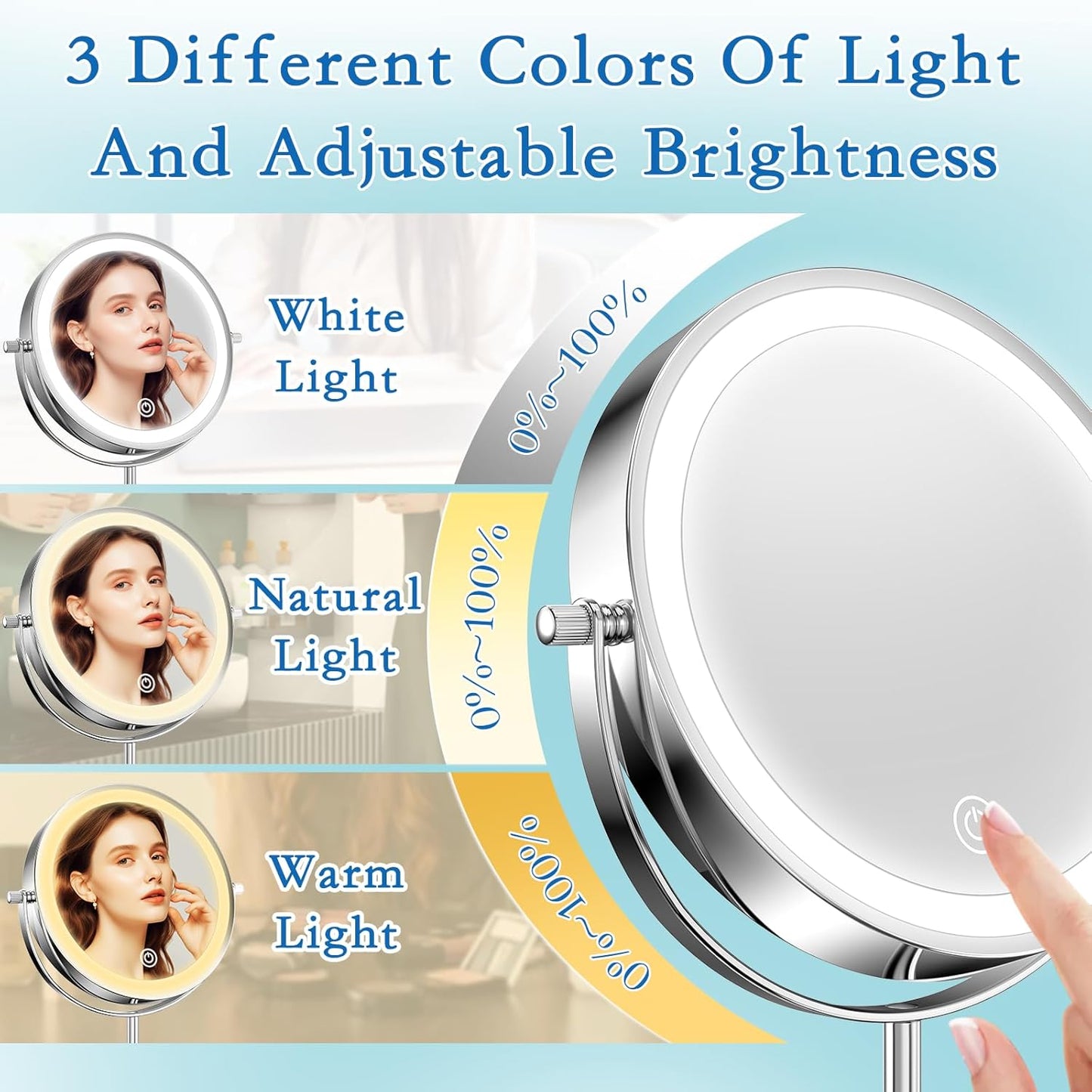 Vanity Mirror with Lights - Rechargeable 1x/10x Double-Sided Makeup Mirror | Adjustable Height & 360° Rotation