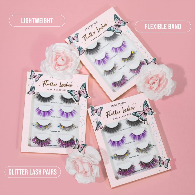 Profusion Cosmetics Empowered Butterfly Flutter Lashes 4 Pairs Eyelash Set – Soft Wispy & Glitter False Lashes with Thin Flexible Band, Reusable & All-Day Comfortable Wear