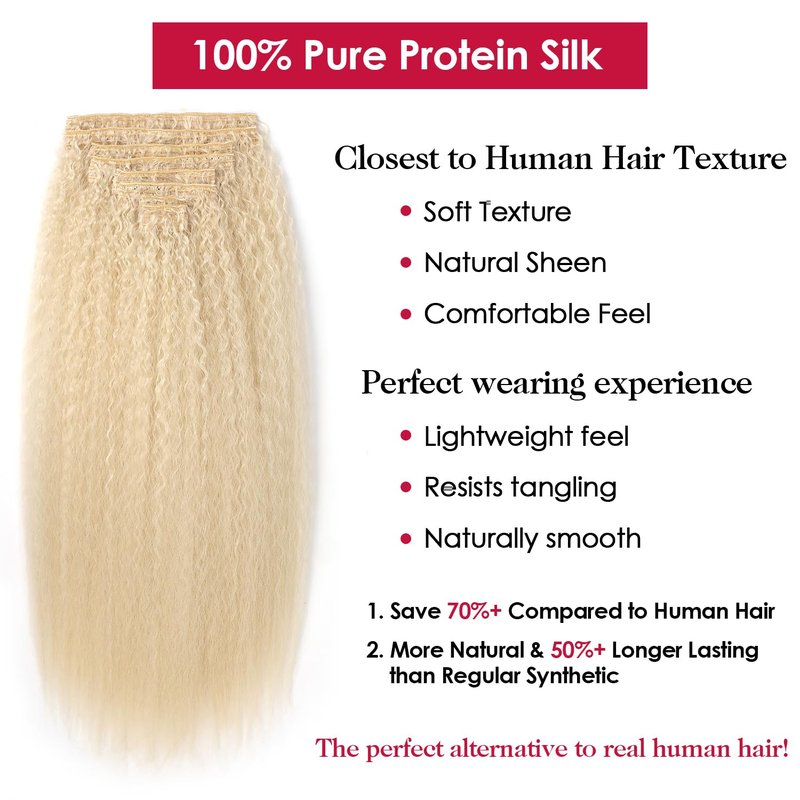Kinky Straight Clip-In Hair Extensions - 24 Inch 200G 8PCS | 100% Pure Protein Fiber, Blonde Yaki Style