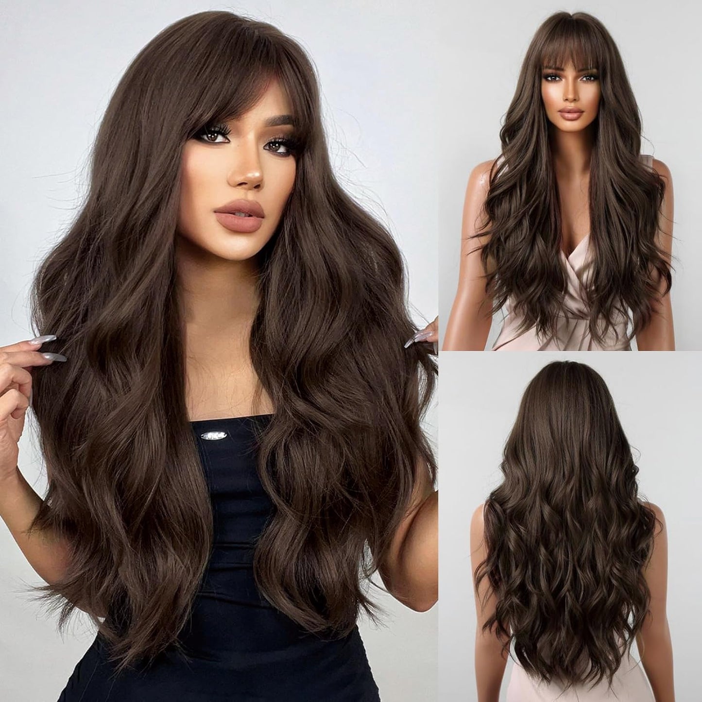 YOUGRACE Dark Brown Wig with Bangs, Wavy Wigs for Women Synthetic Hair Wig for Daily Party Use 26 Inch
